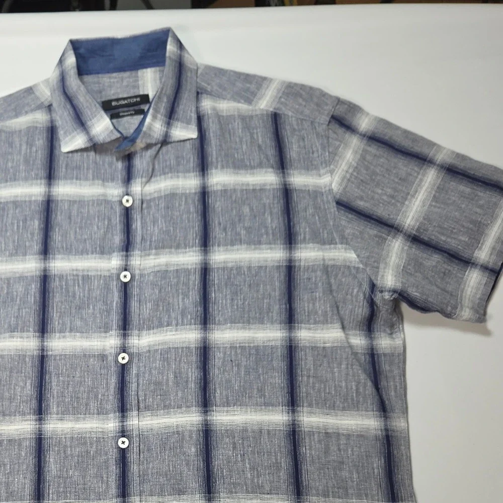 Bugatchi Mens Large Blue White Plaid Linen Blend Short Sleeve Shaped Fit Shirt
